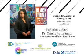 photo of a Black woman wearing a dark suit standing in front a mural. Photo accompanied by image of book cover and event information as found on ths page